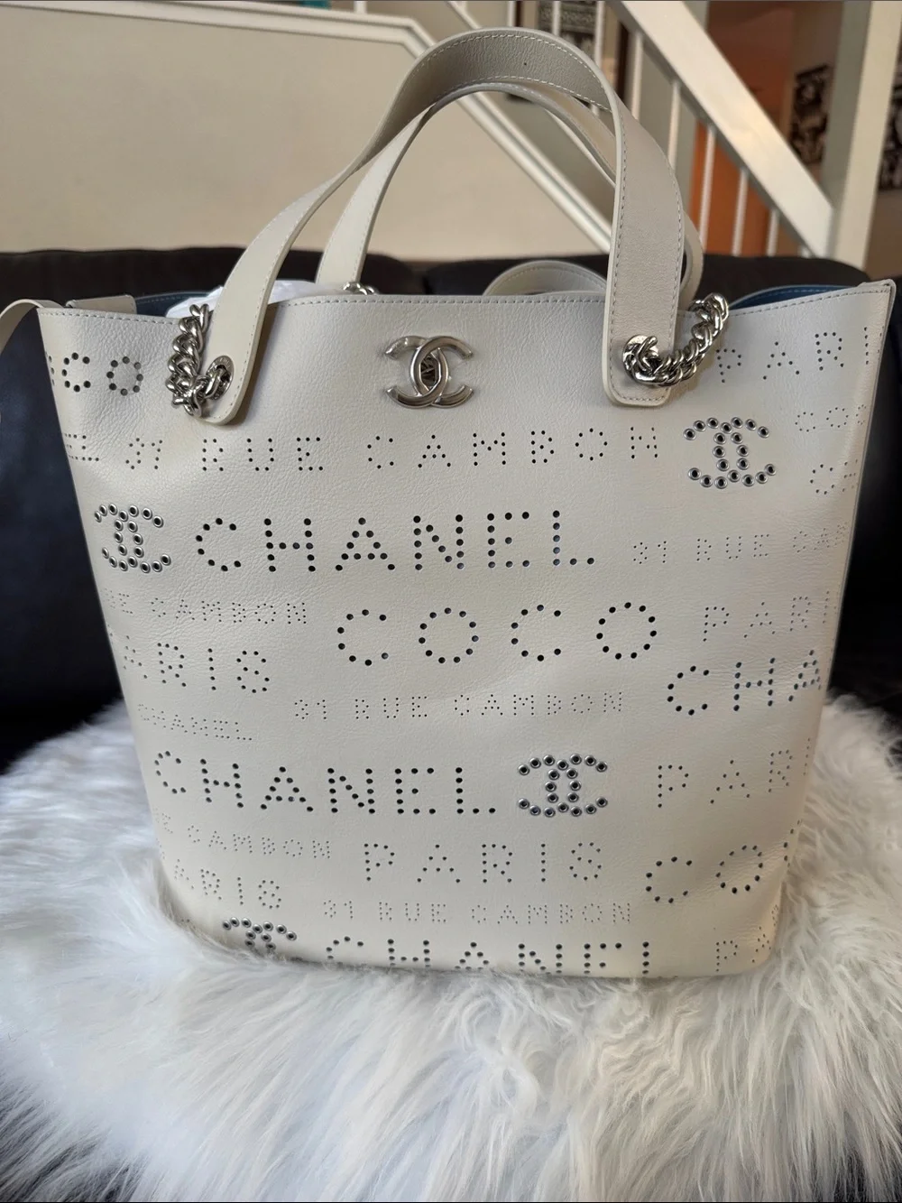NWT CHANEL 2019 Beige Calfskin Perforated Logo Tote with Silver-Tone Hardware